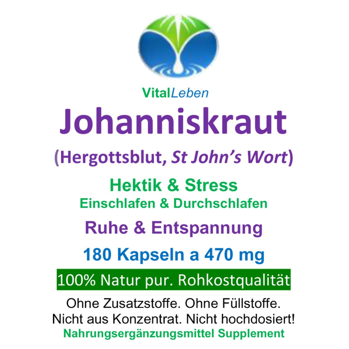 JOHANNISKRAUT natürliches Hypericin [KEIN EXTRAKT] 180 Kapseln - Nerven Balance bei Hektik & Überforderung - innere Ruhe & Entspannung [100% NATUR PUR] 26835-180