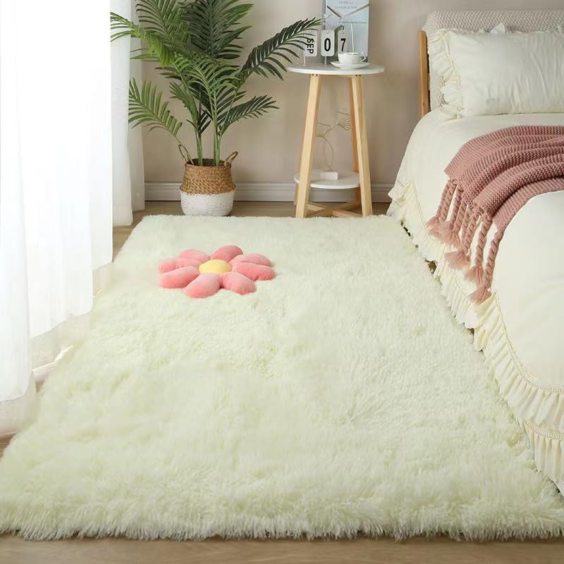 Shaggy Rug for Bedroom, Soft Fluffy Area Rugs Living Room, Washable Rug Antiskid Shaggy Carpets for Home Decor, Dorm, Kids Room Lounge Office,Off White,100×160cm