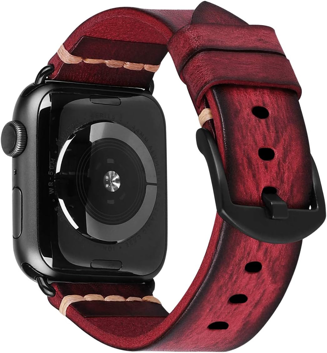 MroTech compatible with Apple Watch Band Ultra 49mm 45mm 44mm 42mm Band replacement iWatch Band Series 9 8 7 6 5 4 3 2 1 Band Genuine Leather Wide Strap Men Women Bracelet,42/44/45/49 mm Antique Red