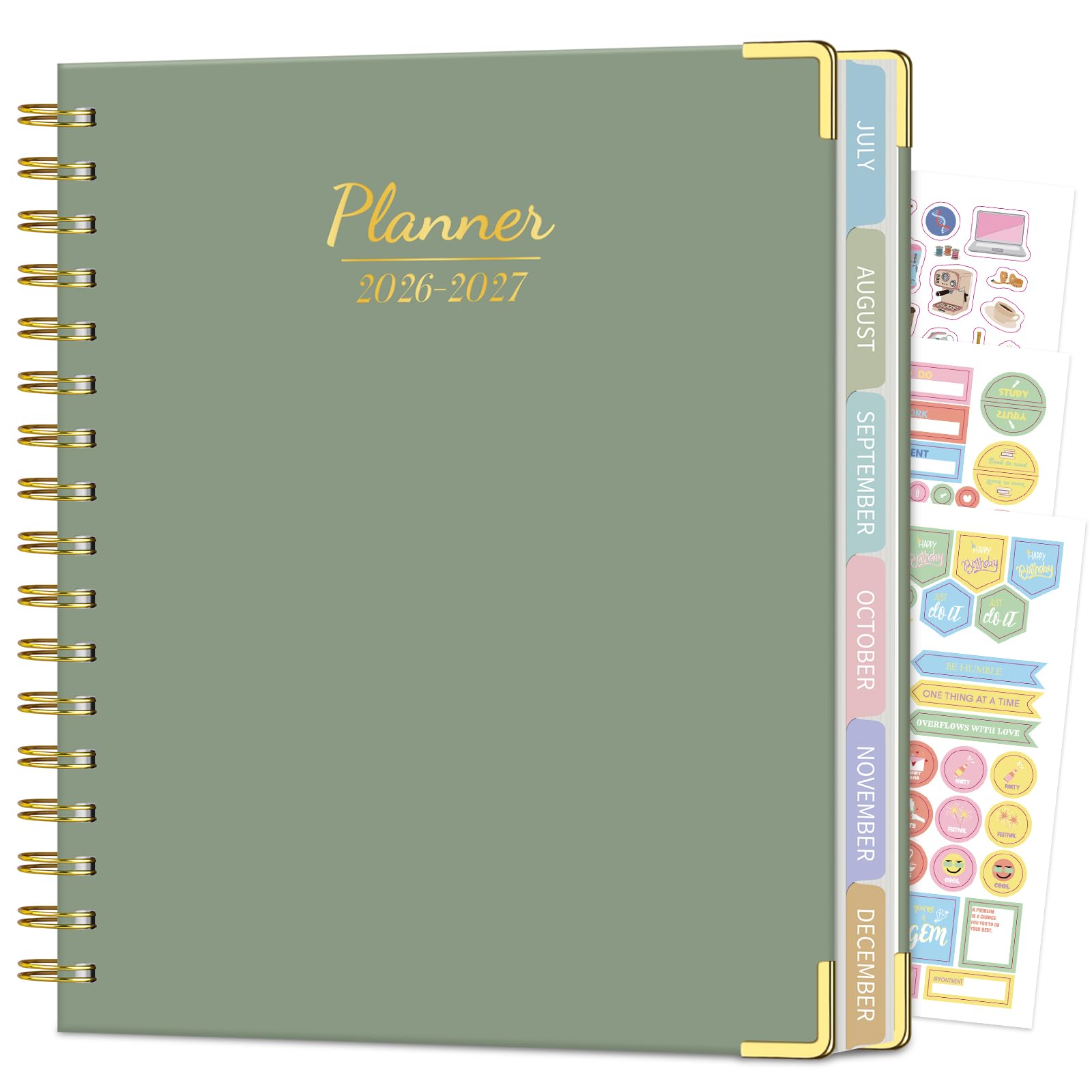 Planer 2026-2027, Wochen- und Monatsplaner, Juli 2026 - Juni 2027, B5 Hardcover Spiralplaner mit monatlichen Registerkarten, inspirierende Zitate für Schüler und Schule, B5 (20,6 x 23,4 cm), Grün