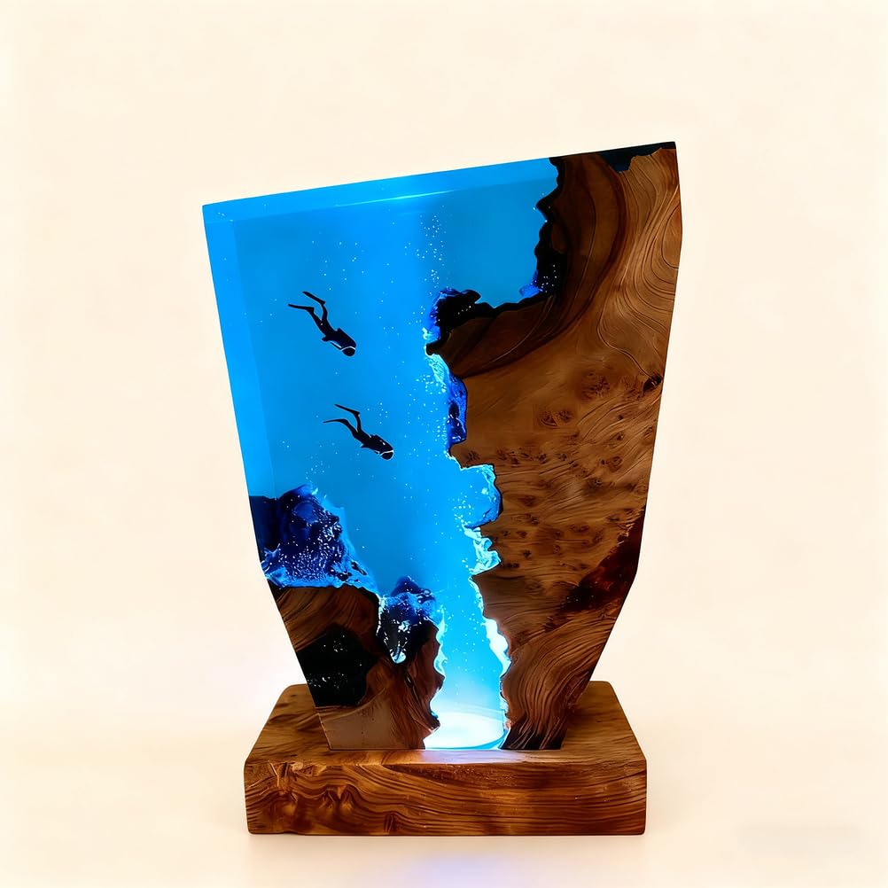Marine Statue Dekoration Lampe 3D Epoxidharz Ozean Taucher Nachtlicht mit USB Kabel mit Holzsockel für Heim Büro Deko Weihnachten Geburtstag Geschenke,15 * 10