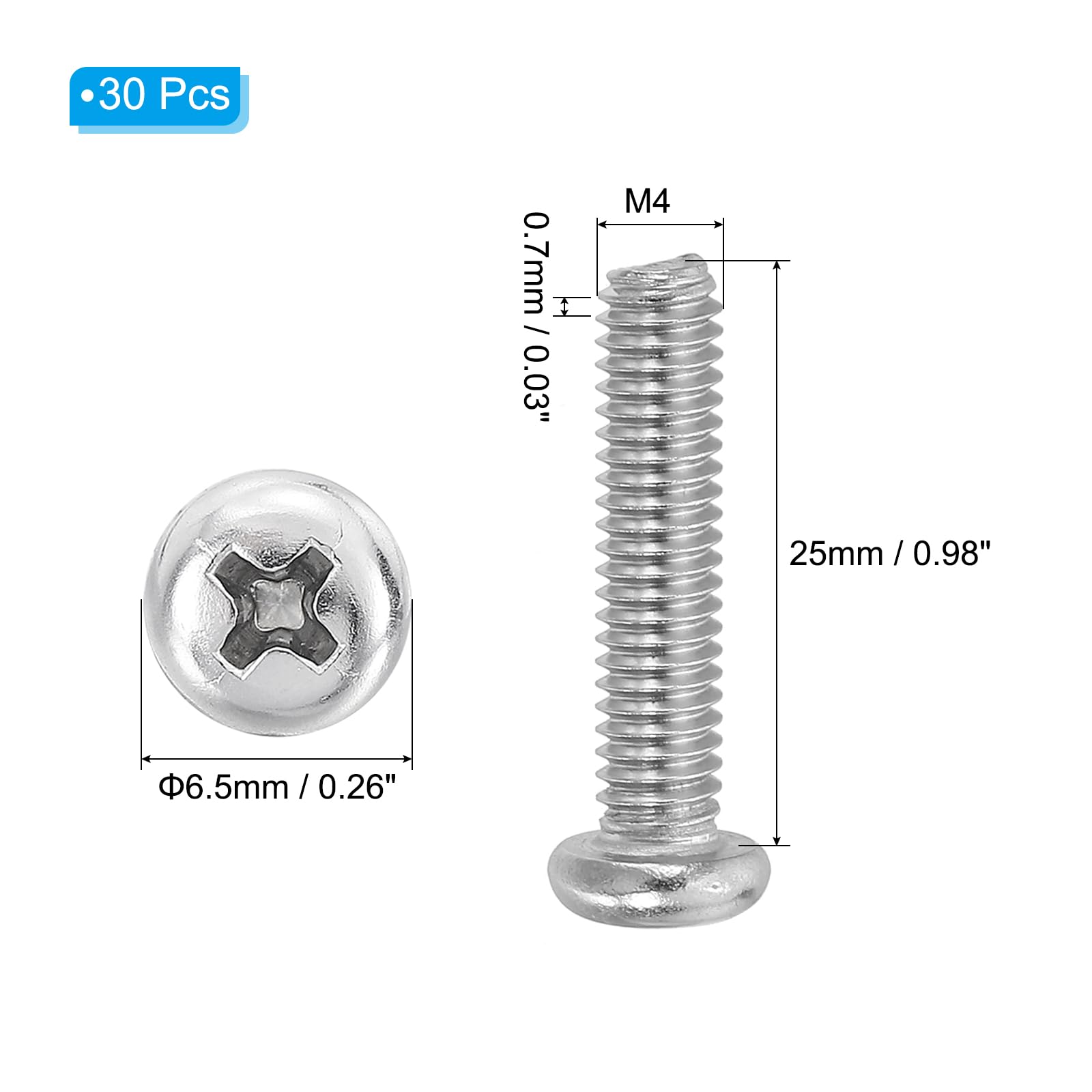 PATIKIL Phillips Pan Head Screws, 30 Pack M4-0.7 x 25mm 304 Stainless Steel 18-8 Full Thread, Pan Head Machine Phillips Drive Screw - Image 2