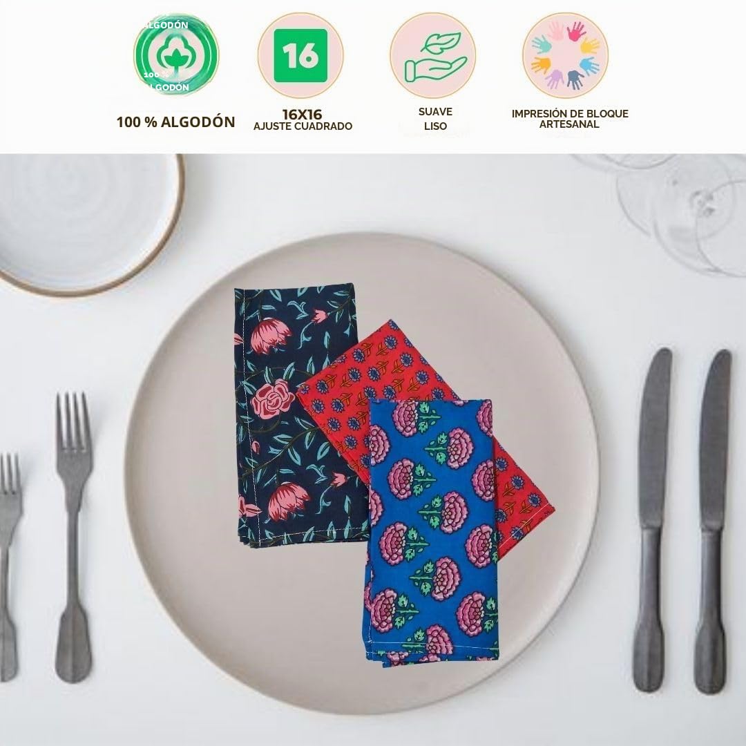 KLAVATE 10 servilletas de 100% algodón Hechas a Mano, 16 x 16 Pulgadas, Estampado Jaipuri, Multicolor
