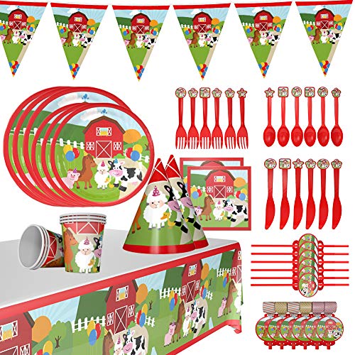 INTVN Partygeschirr Kindergeburtstag 66 Stück Bauernhof Party Geschirr Set mit Teller Becher Papier-Strohhalm Servietten Tischdeko für Kinder Geburtstag Babydusche Serviert 6 Gäste Cover