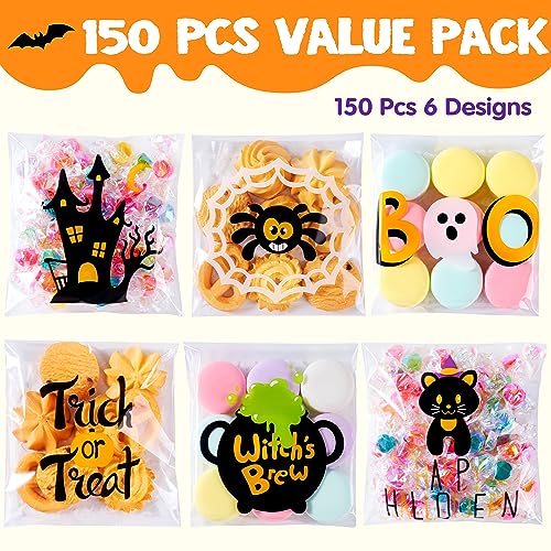 Image of JOYIN 150 PCS Halloween Cellophane Treat Bags, Self Adhesive Clear Cookie and Candy Bags for Kids Trick or Treating, Small Goodie Gift Ziplock Bag Bulk for Halloween Party Favors Supplies in 6 Designs