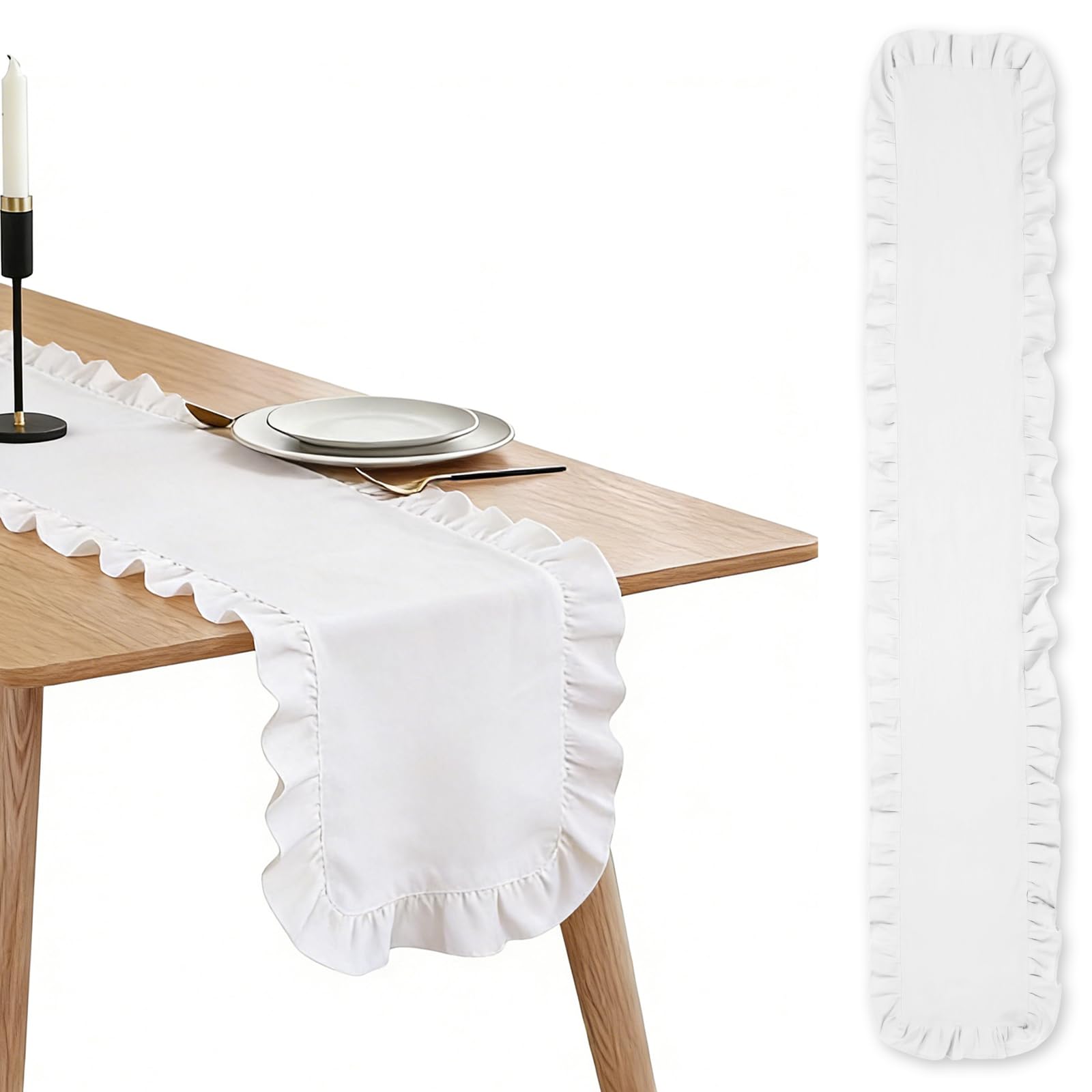Ruffled Table Runner,180x35cm Cotton Scalloped Table Runner Washable Farmhouse Tablecloth Kitchen Decoration for Wedding Bride Shower(white)