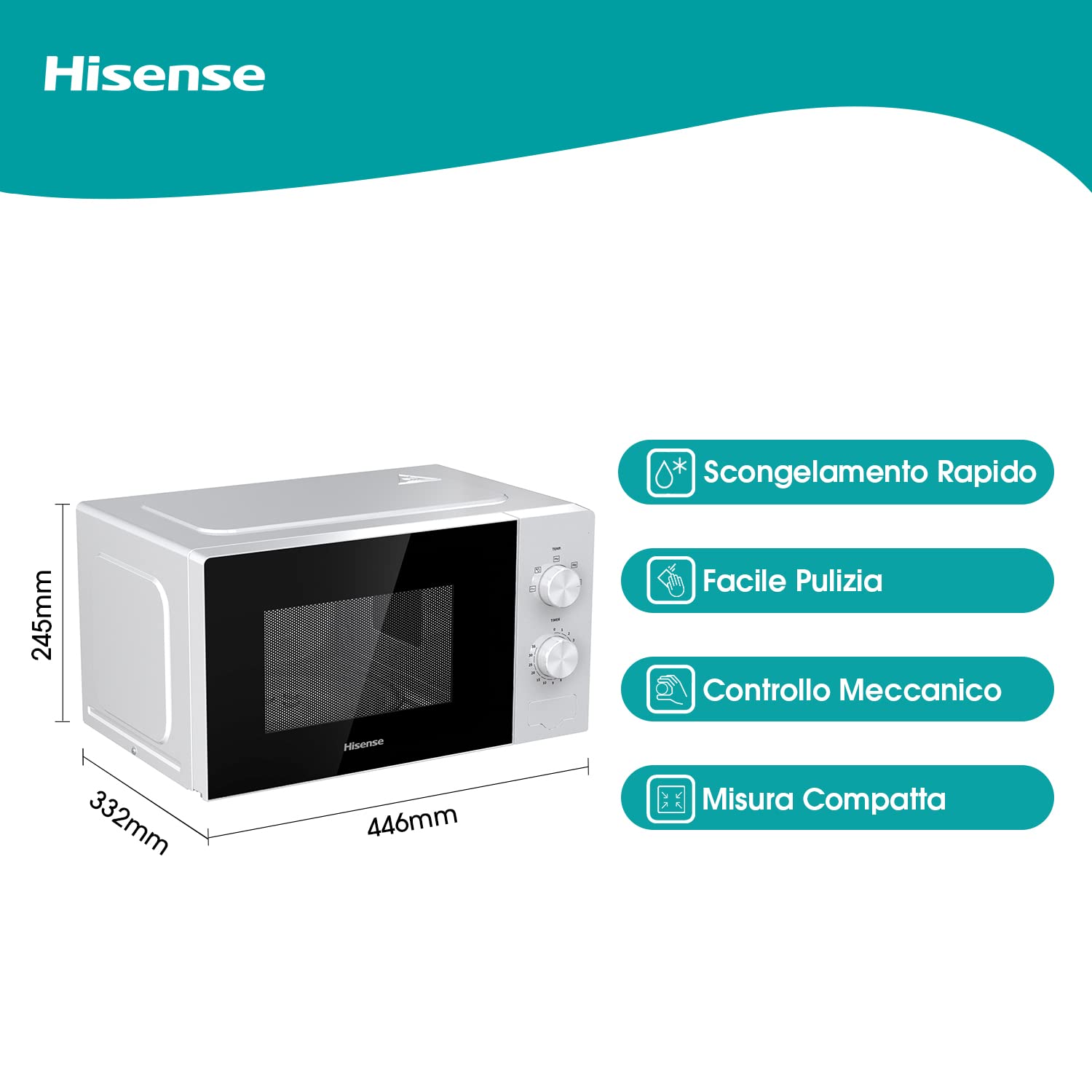 Hisense H20MOWP1 Forno Microonde Con Controllo Meccanico, Capacità 20 L, Potenza 700 Watt Su 5 Livelli, Colore Bianco