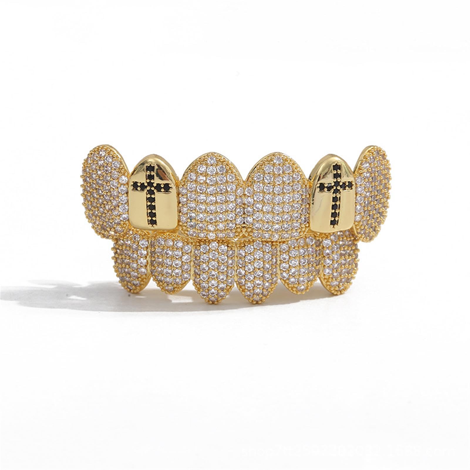Generic Męski hip-hop krzyż złoty zestaw zębów pozłacane 18-karatowym złotem luksusowe zęby Grillz Iced Out 5A cyrkon do kostiumu rapera cosplay, złoty, zestaw