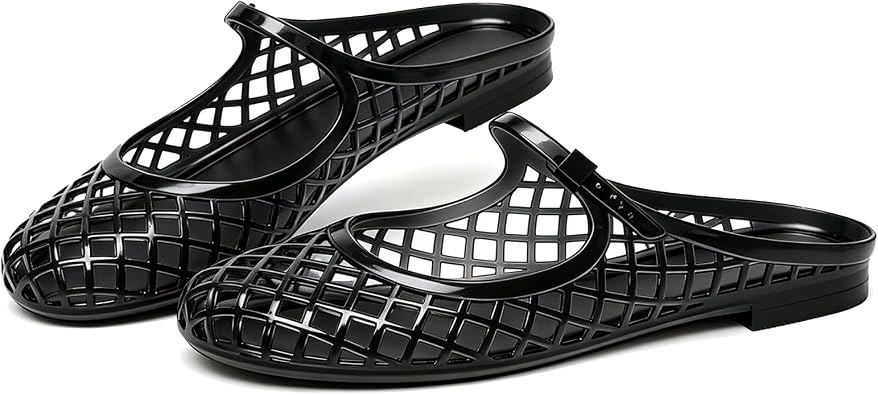 ClassicSter Jelly Mary Janes for Women Mesh Flats Clear Jellies Slide Closed Toe Slip On Mules Beach Buckle Strap Low Heel Sandals