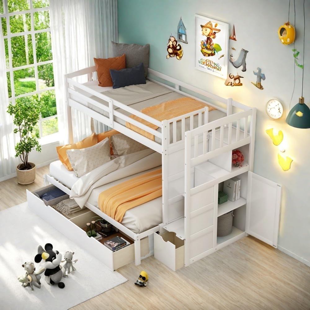 SOFTSEA Twin Over Twin Bunk Bed with 3 Drawers, 4 Storage and Cabinet Door, Twin-Over-Full Convertible Bottom Bed, White
