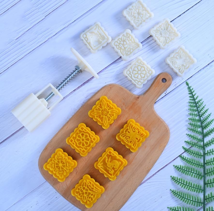 Mooncake Press Molds, Mooncake Mould Press with 6 Stapms,DIY Cookie Press Mid Autumn Festival Decor Cake Cutter Mold,Hand Press Mooncake Press Molds Cookie Stamps Pastry Tool Mooncake Baking Tools