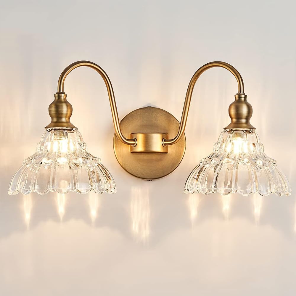 Mengjay Wandleuchte Gold Innen,Spiegelleuchte Bad Spiegellampe Vintage G9 Wandlampe 2 Flamming mit Glasschirm, Retro Metall Badezimmer Lampe Wand Modern Wandbeleuchtung (Gold, 2 Flammig)