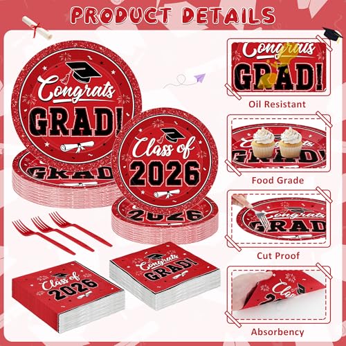 Image of QZYL 200Pcs Graduation Supplies Set 2026, Red Graduation Plates, Napkins, Dessert Plates and Plastic Forks for 50 Guests, Grad Party Disposable Tableware for Wedding, Birthday, Graduation