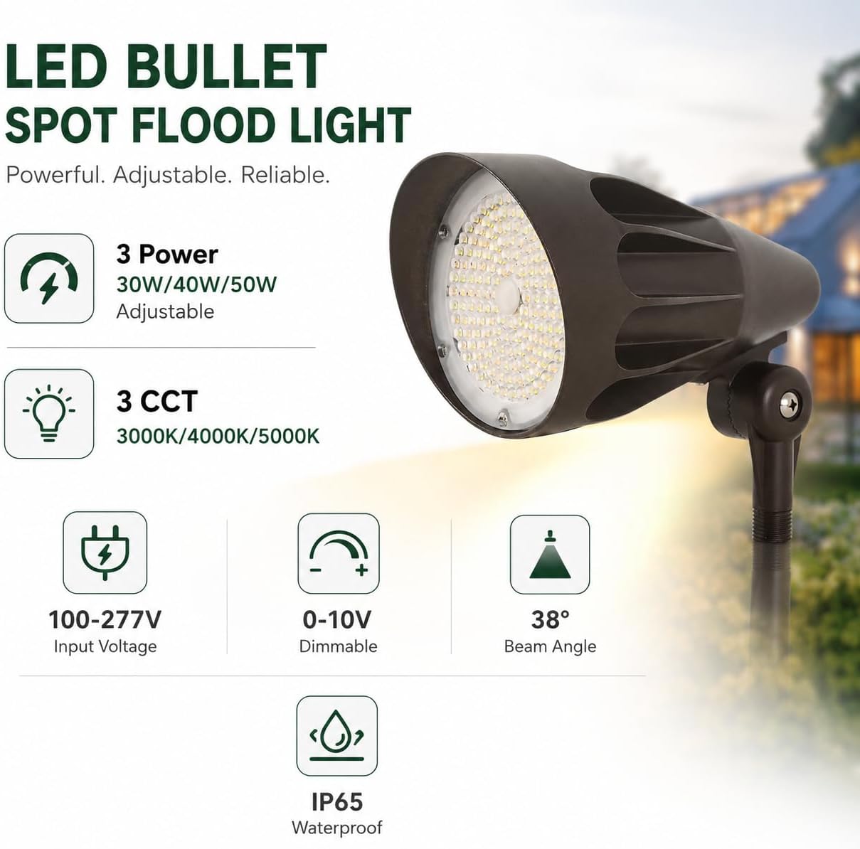 LED Bullet Spot Flood Light 30W/40W/50W Selectable 3CCT 8000LM Dimmable | 3000K/4000K/5000K Tunable, 38° Beam Angle, 100-277VAC, 1/2" Knuckle Mount, Dark Bronze, Commercial Outdoor Lighting