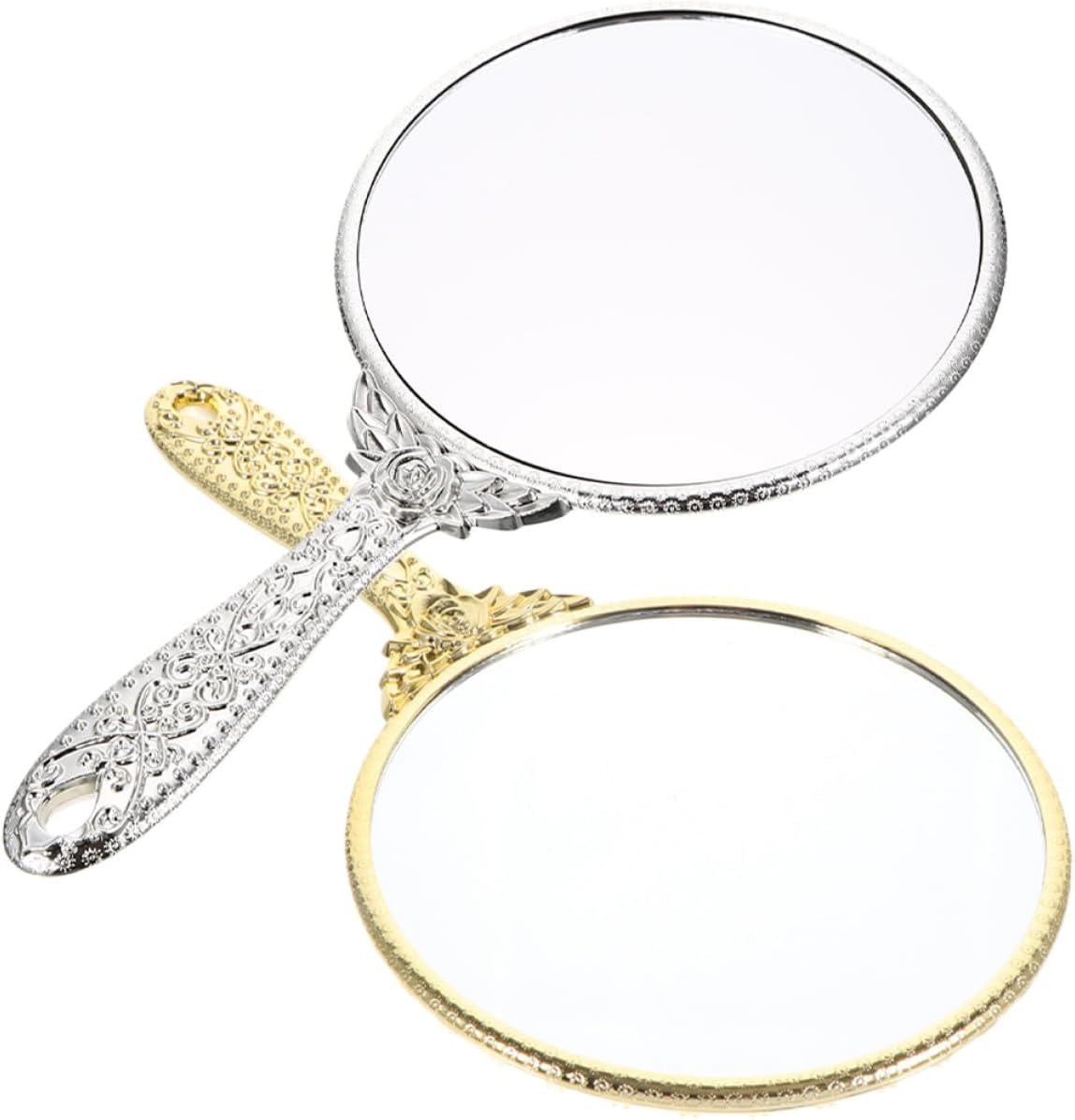 2pcs Handheld Cosmetic Mirror with Retro Handle Round Portable Makeup Mirror in Silver and Gold for Travel and Daily Use