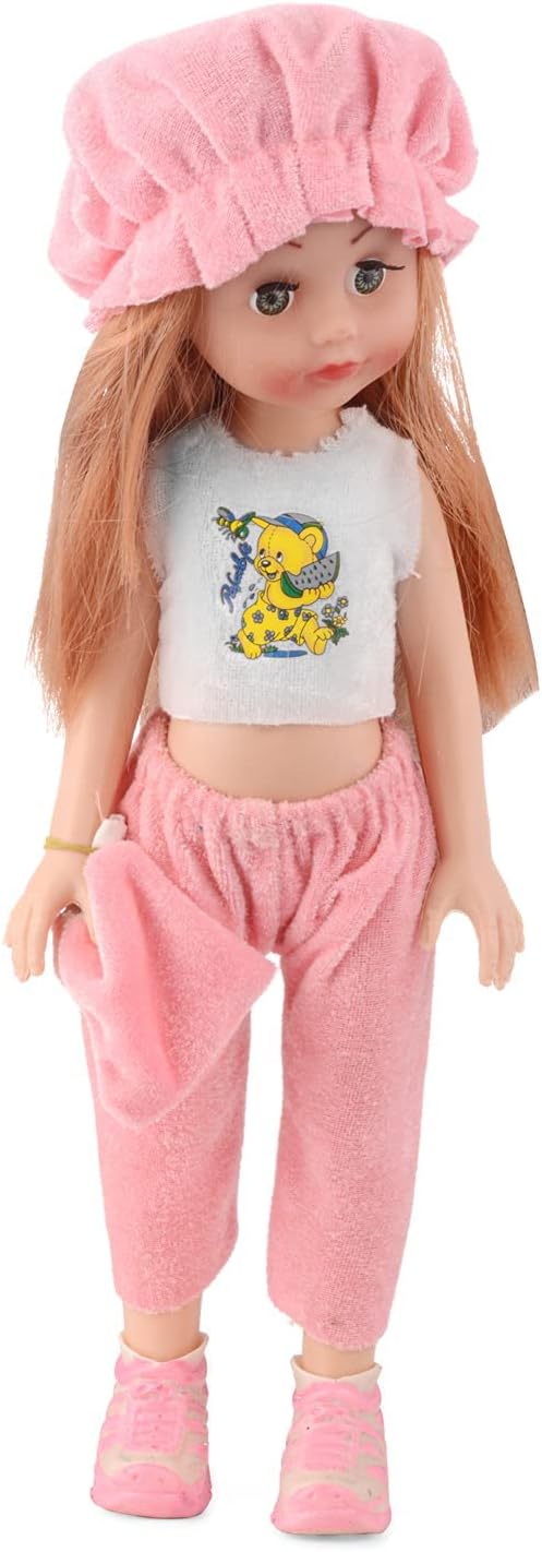 BKDT Marketing Cute Gorgeous Girl Doll Toy with Moveable Arms and Legs with Beautiful Dress, Hairs, Cap, Shoes (Alice Doll with Pink and White Dress)-Festival Gifts,Diwali Gift