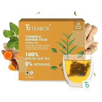 Teabox Turmeric Ginger Tulsi Green Tea Bags 25 Pieces | Flavorful & Soothing | Made with Whole Leaf, Natural Ginger, Turmeric & Tulsi - image, photos