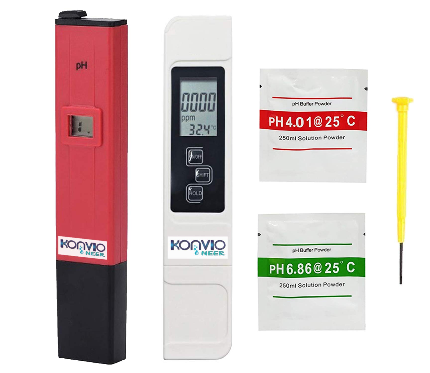 Konvio Neer pH & TDS EC Meter Combo Pack, 0.05ph High Accuracy Pen Type pH Meter, 3-in-1 TDS EC Temperature Meter(COMBO Pack)
