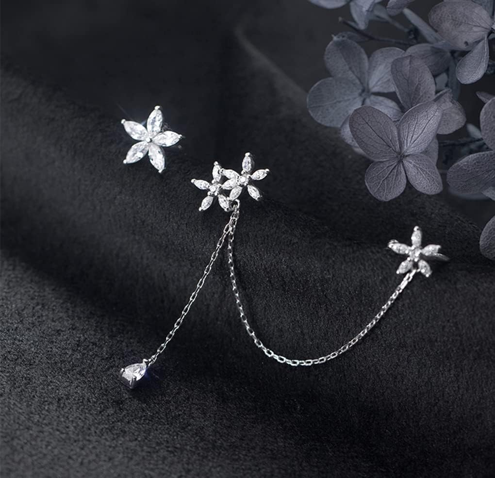 SLUYNZ 925 Sterling Silver Daisy Flowers Cuff Earrings Chain for Women Asymmetric CZ Daisy Earrings Crawler Dangling Chain - Image 4