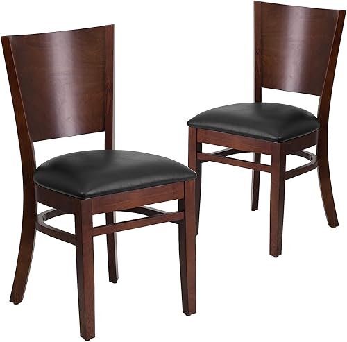 Flash Furniture Lacey Series - Juego de 2 sillas de restaurante de madera de nogal con respaldo sólido, asiento de vinilo negro