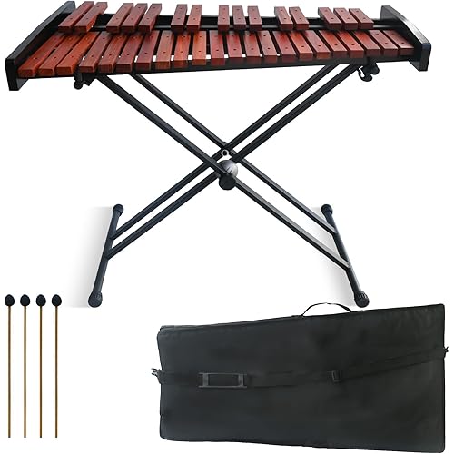 37 Notes Glockenspiel 37-Key Wooden Xylophone Professional Marimba Glockenspiel Xylophone with Adjustable Height Stand Xylophones Instrument Kit with Mallets & Bag