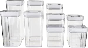 Amazon Basics Food Storage Containers with Lids, 10-Piece Square Set, Airtight Kitchen Pantry Organizers, Clear Plastic