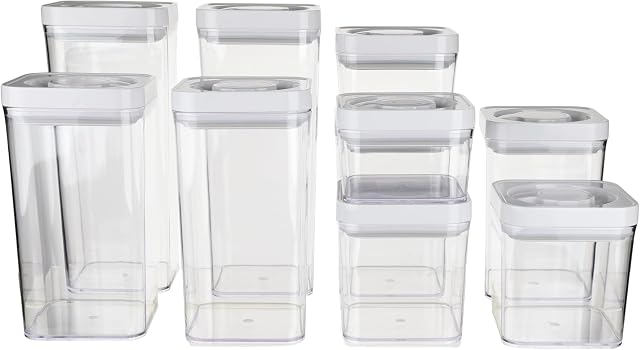 Amazon Basics Food Storage Containers with Lids, 10-Piece Square Set, Airtight Kitchen Pantry Organizers, Clear Plastic