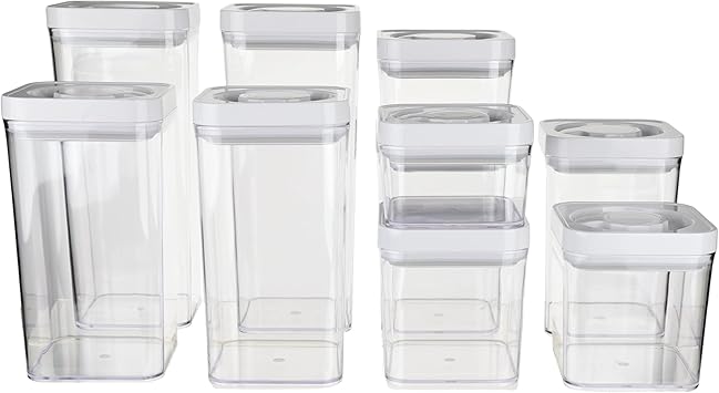 Amazon Basics Airtight Food Storage Containers, BPA Free, Dishwasher Safe, with Twist/Turn Lids, for Kitchen Pantry Organization, 10-Piece Square Set, Clear Plastic