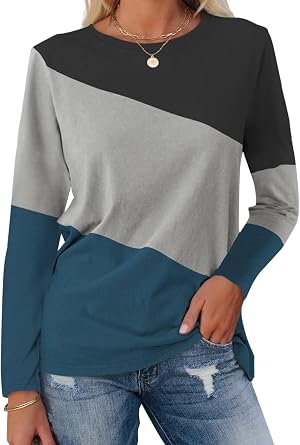 Minetom Womens Color Block Tops Casual Long Sleeve Shirts Pullover Tunic