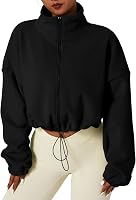 QINSEN Women's Crop Fleece Jacket: Full Zip Sherpa Short Coat, Warm Polar Fleece, Baggy Stand Collar Winter Layer