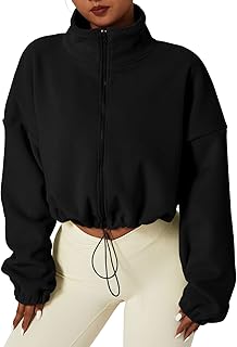 QINSEN Women's Full Zip Fleece Short Jacket Warm Winter Long Sleeve Stand Collar Sherpa Crop Coat
