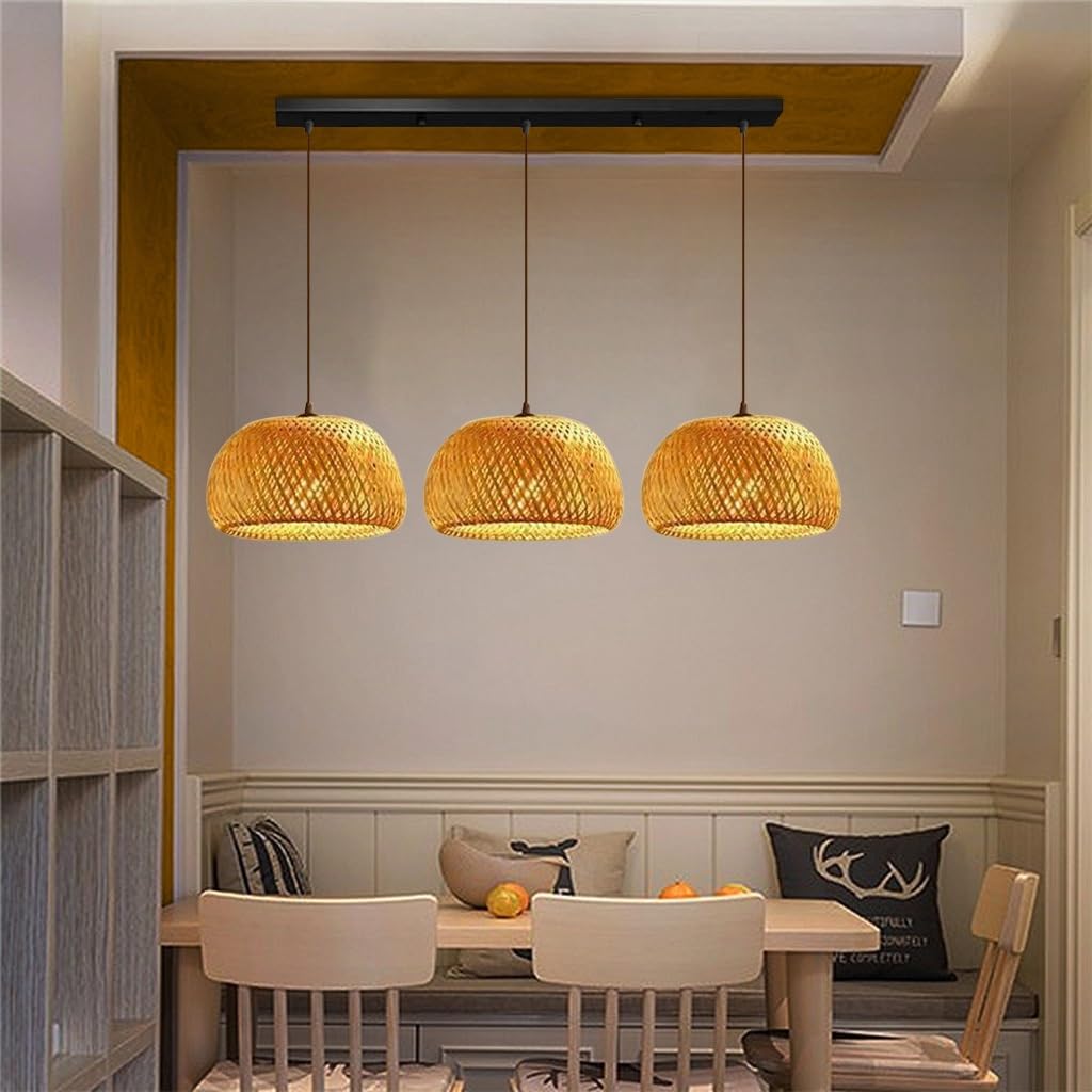 Lampadario A Sospensione In Bambù Vintage 3 Lampadine Stile Boho Con Paralume In Rattano Intrecciato Illuminazione A Soffitto Regolabile Per Tavolo Da Pranzo Camera Soggiorno Cucina Ingresso E27