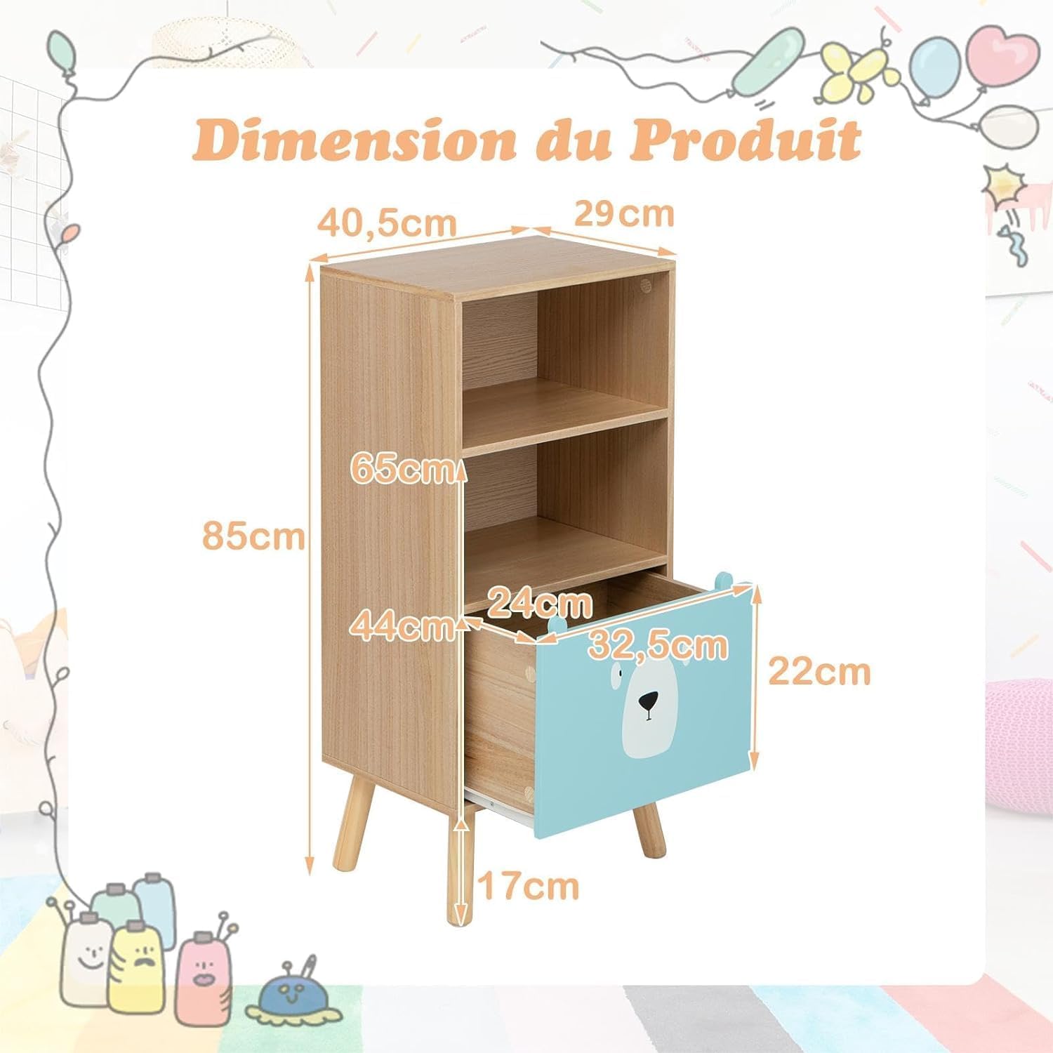 Libreria per Bambini RELAX4LIFE 3 Ripiani 40x30x85 cm Legno Cassetto 2 Scomparti Antiribaltamento 50 kg
