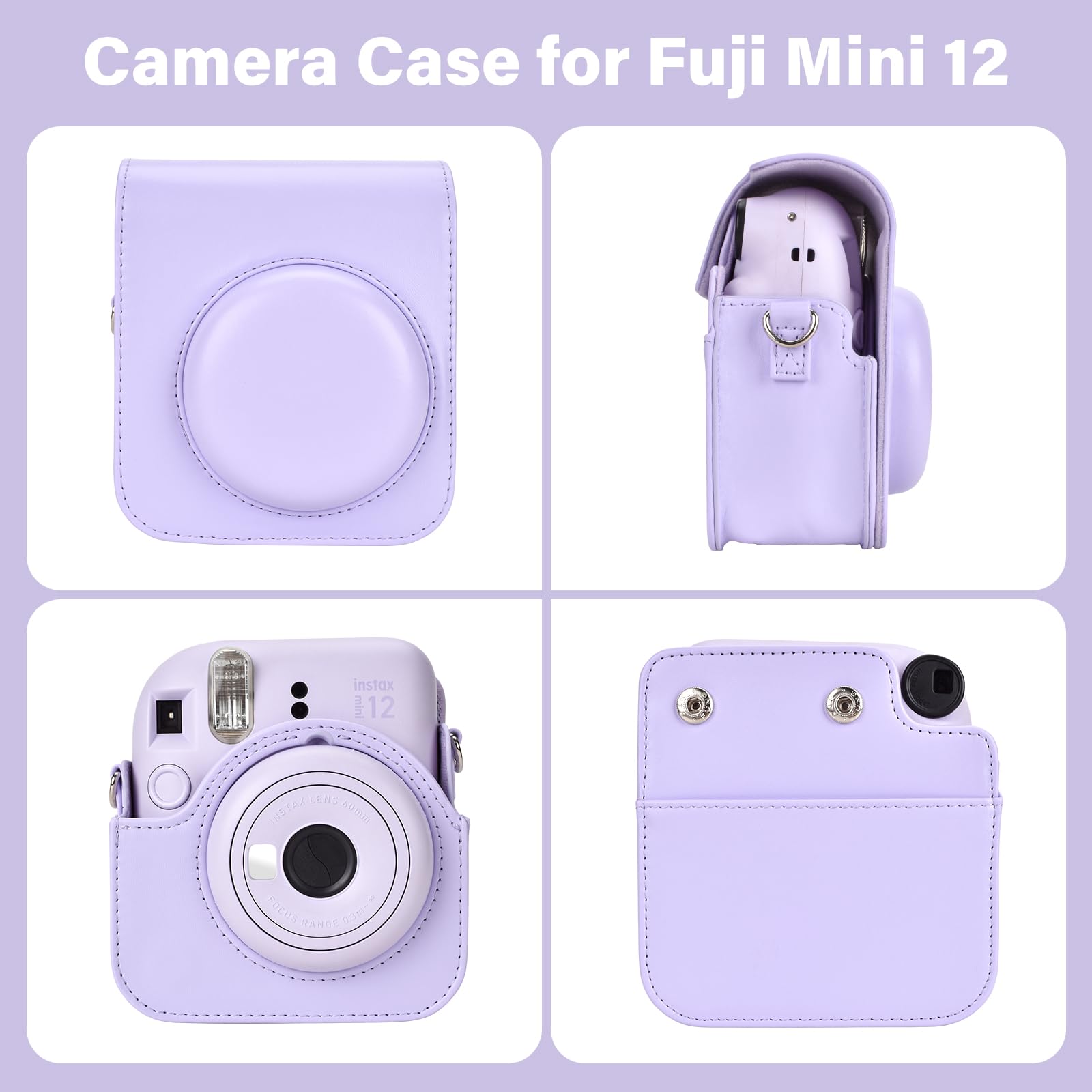 Estuche para cámara instantánea Compatible con Instax Mini 12, Bolsa de Cuero PU con Bolsillo, Correa Ajustable para el Hombro y Mini álbum de Fotos con 28 Bolsillos (Morada Puro)