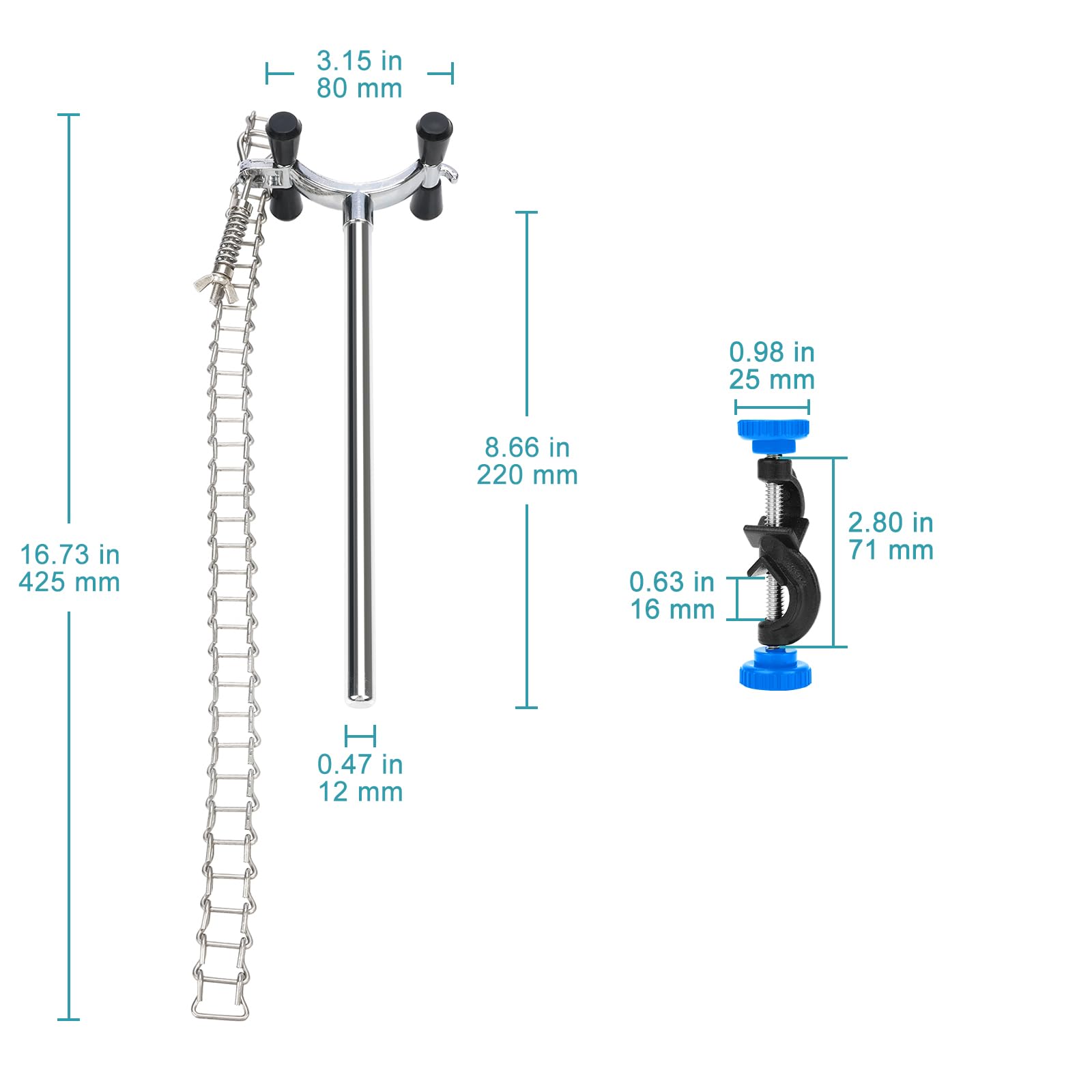 stonylab Pince à Chaîne et Support de Pince, Accessoire Réglable de Laboratoire, Support en Alliage d’Aluminium pour Verrerie, Béchers et Entonnoirs, Convient pour 40-145 mm de Diamètre