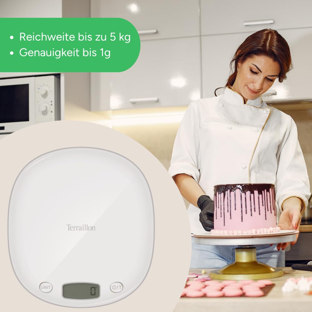 TERRAILLON elektronische Küchenwaage – Tara, Flüssigkeitsumrechnung, integrierter Griff, Wiegebereich 5 kg, Genauigkeit 1g – Modell 'Macaron Inox' Meringe, Weiß
