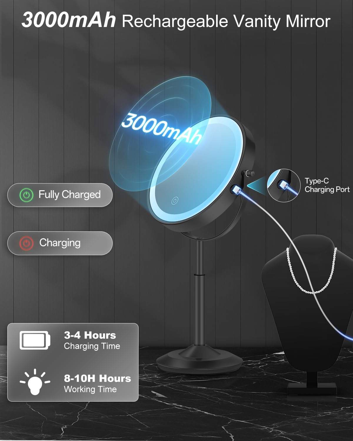 Makeup Mirror with Lights, 1X/30X Lighted Magnifying Mirror Height Adjustable, 3000mAh Rechargeable Double Sided Vanity Mirrors with 3 LED Lighting and Adjustable Brightness for Desk Women Gift - Image 7