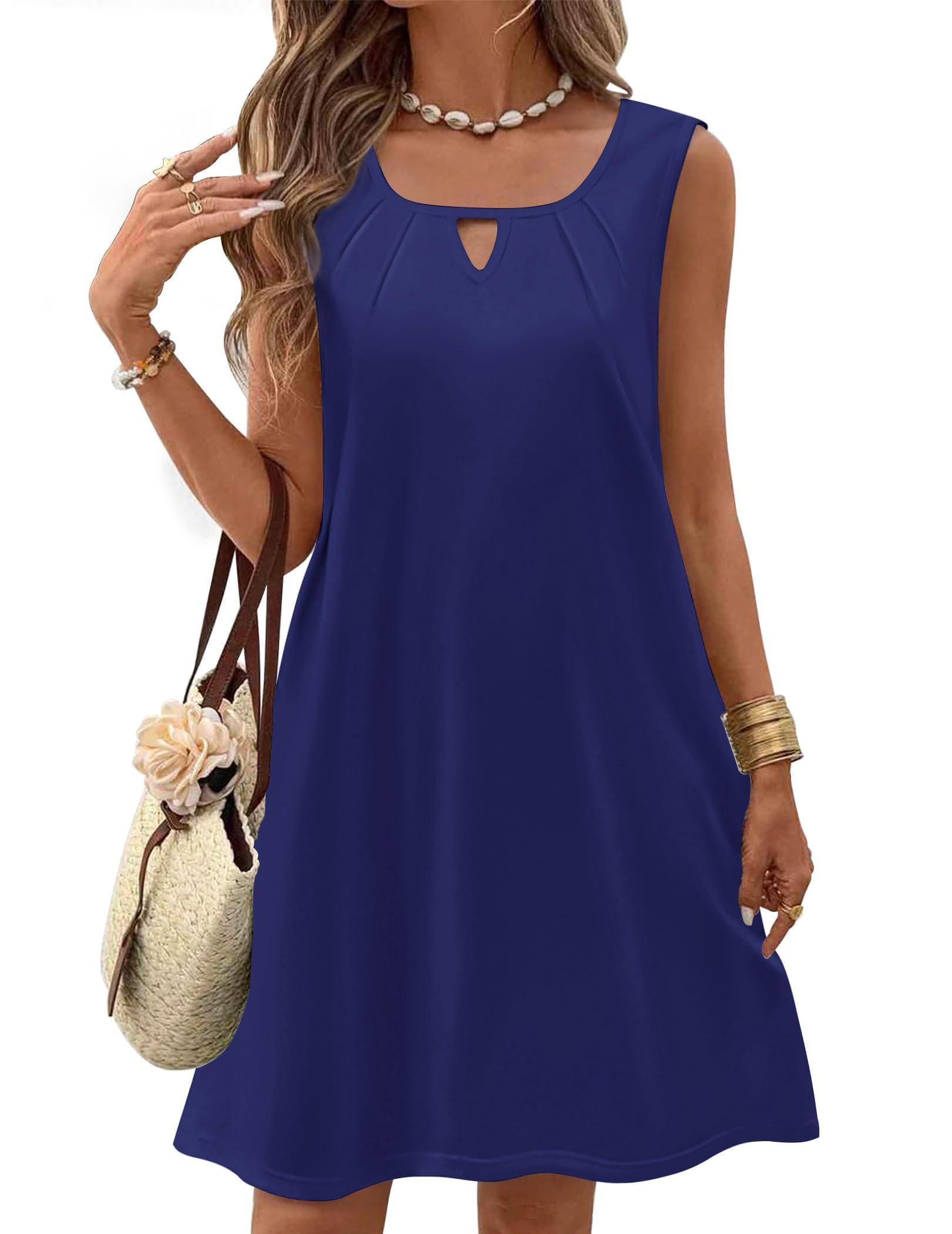 Zeagoo Womens Casual Summer Dresses 2025 Boho Sleeveless Sundresses with Pockets Pleated Beach Floral T Shirt Dresses