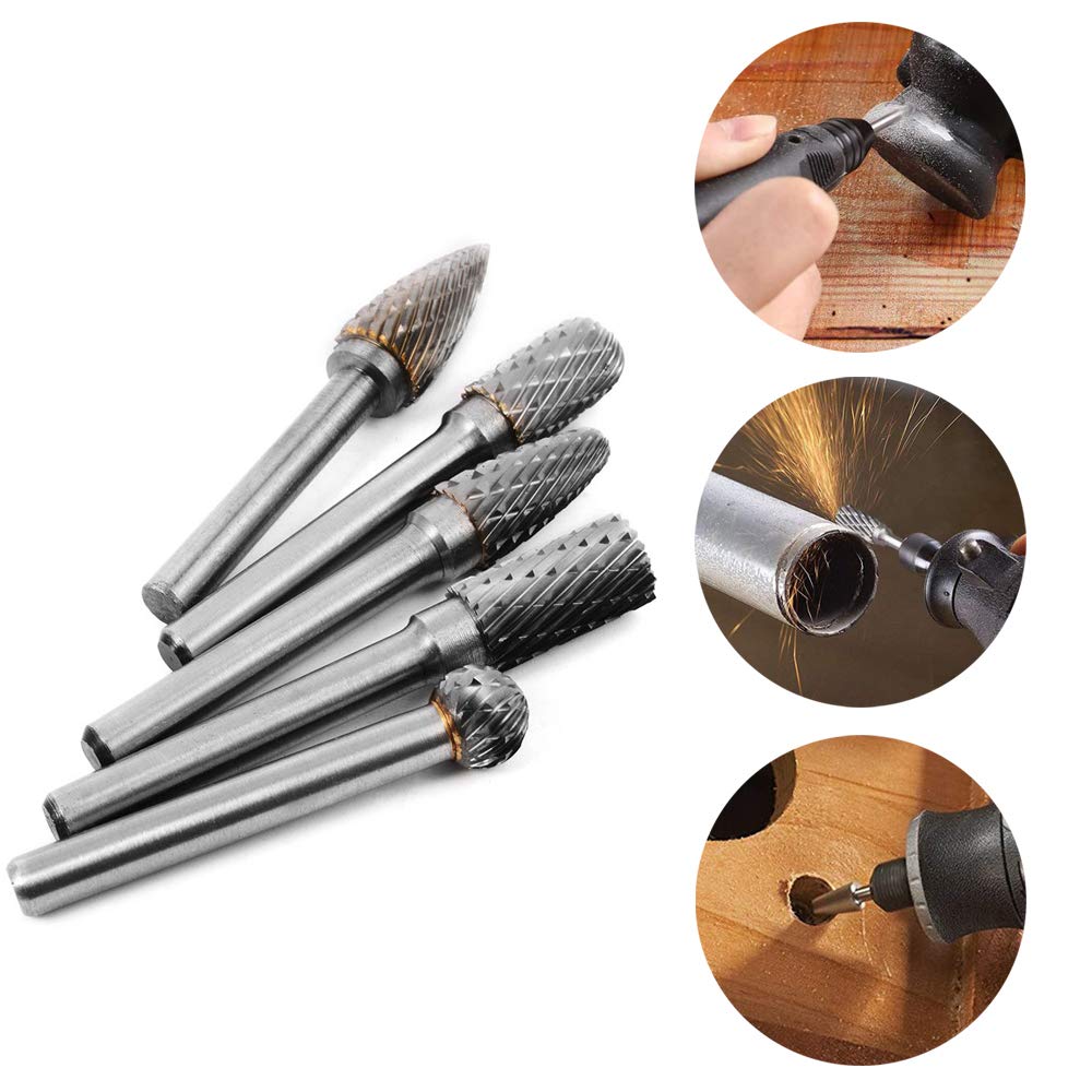 Mesee 5Pcs Double Coupe Fraises Rotatives en Carbure de Tungstène, Lime Rotative de Tige 6.35mm pour Ponceuse Perceuse Électrique, Mèche Cylindrique Rotary Burr Pour Polissage Gravure sur Bois Métal