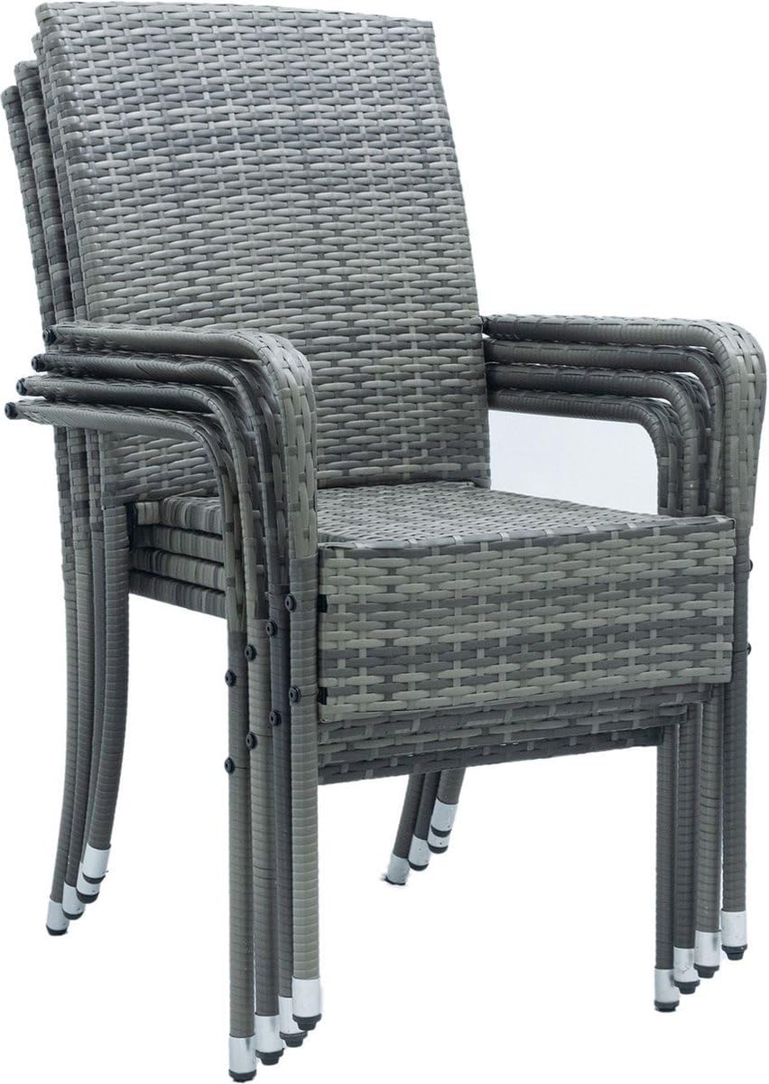 Juskys Ensemble de 4 chaises de Jardin Yoro en rotin avec accoudoirs et Dossier - 4 chaises empilables - Chaise en rotin pour Le Jardin - Chaise empilable Chaise de Balcon Gris chiné