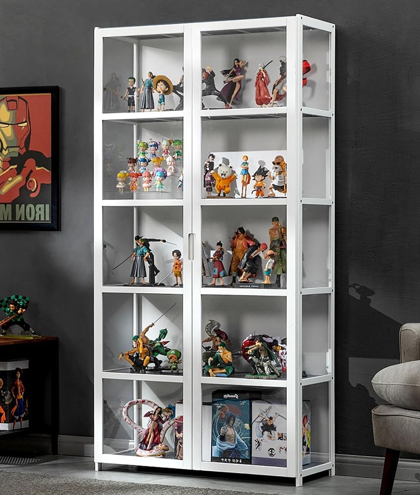 Armadietti curio con ante in vetro vetrina, vetrina curio con telaio in bambù naturale, design sicuro e sano a doppia porta per un comodo sgabello (dimensioni: 32,5 N/82 cm/5F, colore: bianco)