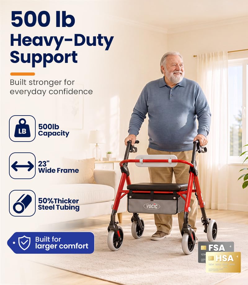 Image of VOCIC Z11 Rollator Walkers for Seniors with Seat, 500 LBS Load, Ultra Wide | High-capacity support, 23 inch wide frame, ergonomic seat, dual brakes, and slim fold for home, shopping & daily walks, Red