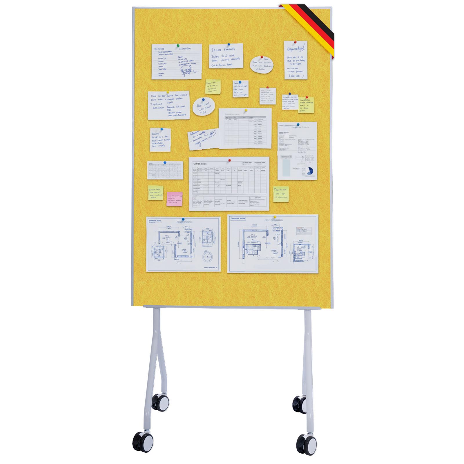 OfficeMarshal Moderationwand Doppelseitig 80 x 120 cm Präsentationstafel mit feststellbaren Rollen - Filztafel Pinnwand - Stabiler Metallrahmen - Giant (Gelb)