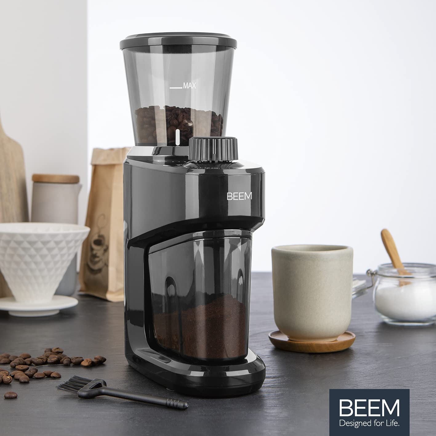 BEEM 3980 Grind-Intense Molinillo de café eléctrico, 160 g, mecanismo cónico de acero inoxidable, ajuste de grado de molienda de 15 niveles, recipiente de granos extraíble, 150 W