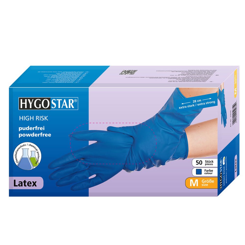 Hygostar High Risk Gants en latex non poudrés Bleu Taille S 28 cm