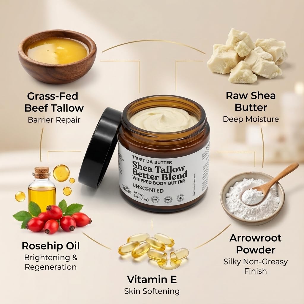 Whipped Beef Tallow For Skin & Whipped Shea Butter with Rosehip Oil – 100% Grass-Fed Beef for Face and body – Soothes Eczema & Sensitive Skin – Made in USA – 3 oz (3oz, Unscented)