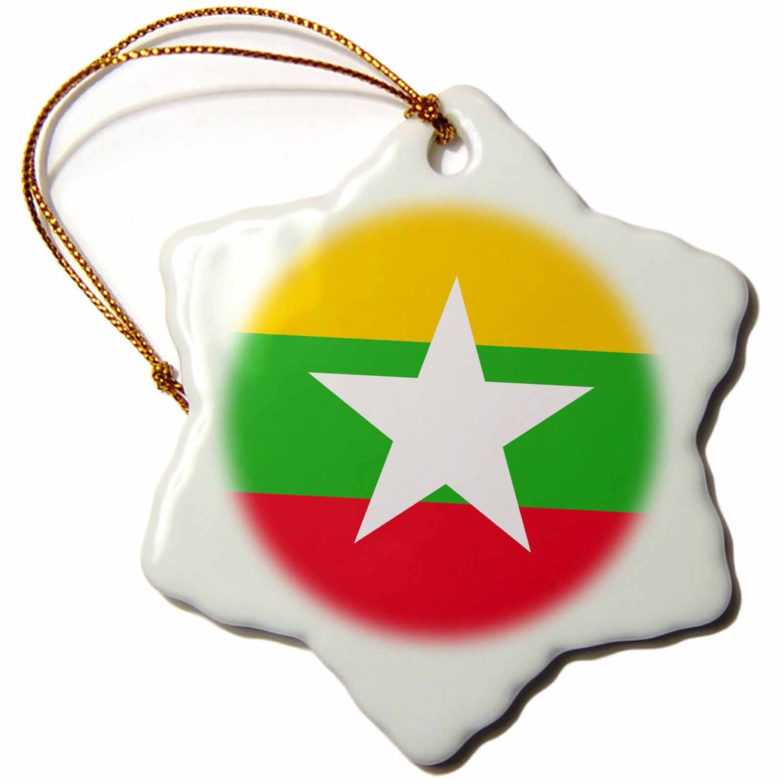 3dRoseMyanmar Burma-Burmese Yellow Green red Stripes with White Star-Asia Country World Flags Snowflake Ornament