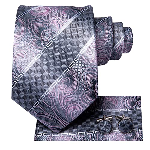 Image of Hi-Tie Men Ties Sets Silk Stripe Paisley Necktie Pocket Square Cufflinks for Business Wedding