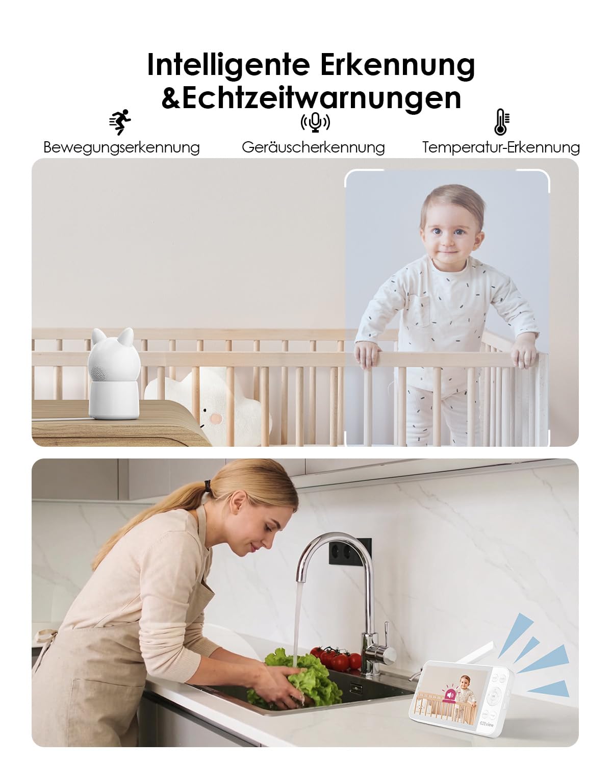 CZEview Babyphone mit Kamera 2.5K & 5.5-Zoll-HD-Großbildschirm, Nachtsicht, 360° WLAN Video Babyfon mit App, Musik & Buntes Nachtlicht, Intelligente Erkennung (Weiß mit 1 Kamera) | Superklar, Nachtsicht, Zwei-Wege-Audio, Schlaflieder, Temp.-Sensor, Schwen