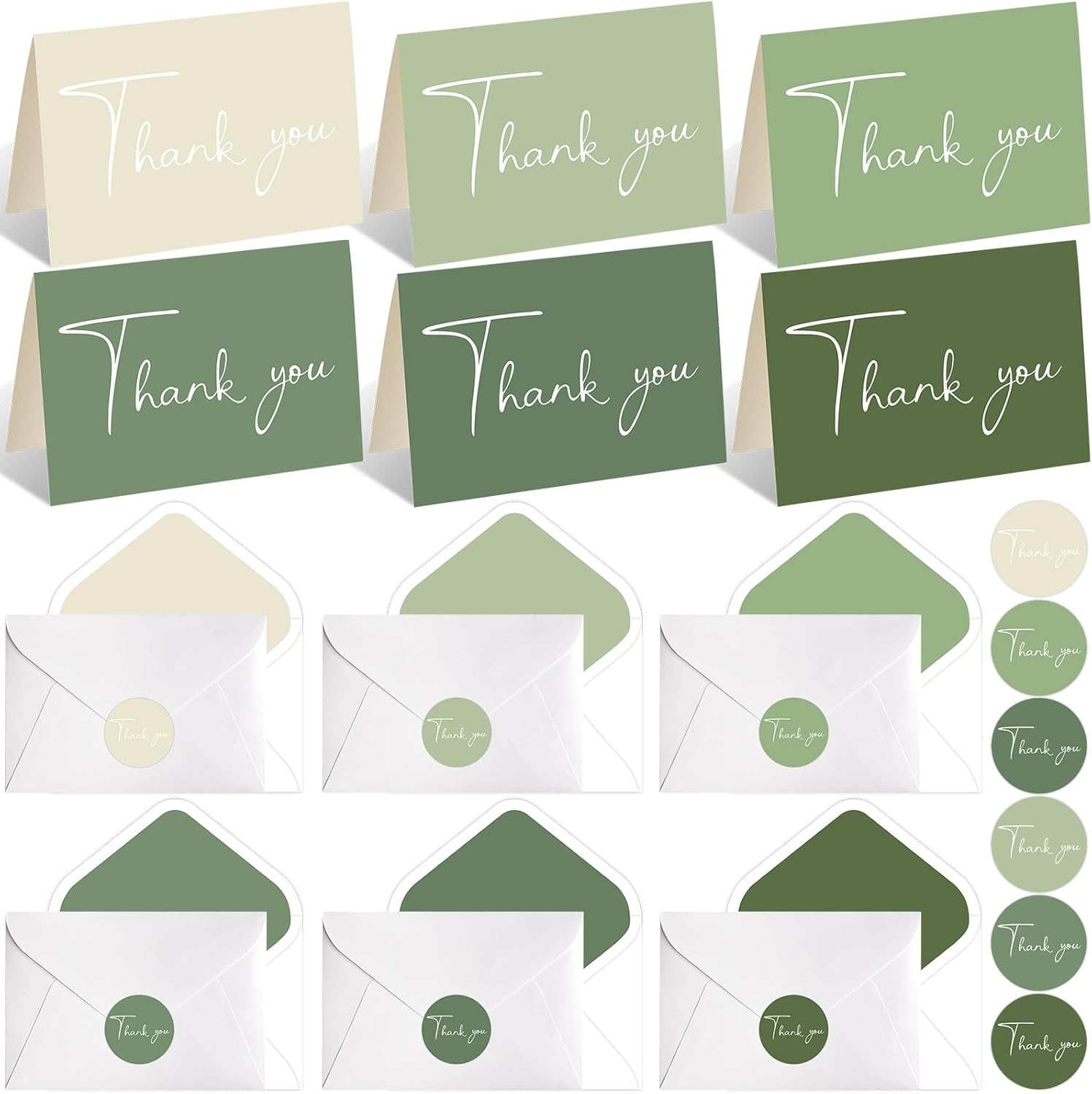 24Pcs Bulk Green Colored Thank You Cards with Envelopes and stickers 5.9x7.9 Inches Green Formal Thank You Card Minimalistic Designs Blank Notes Suitable for Wedding Bridal Gift Baby Shower Graduation